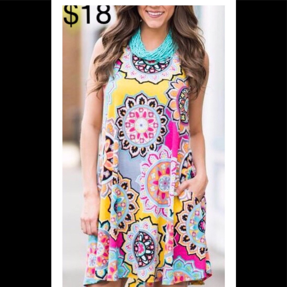 🆕🌼 pocketed-yellow, colorful geo print dress